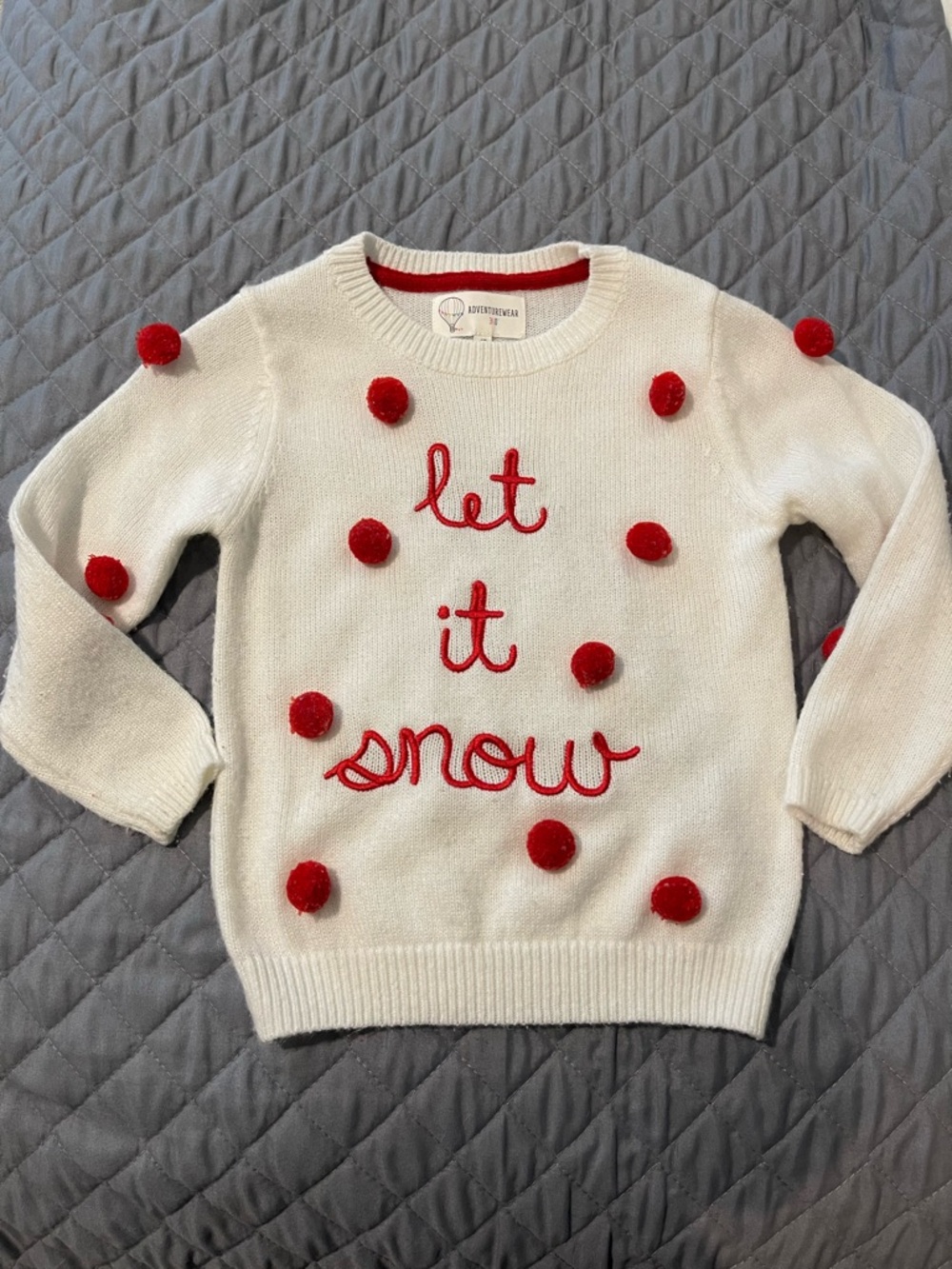 Let It Snow Embroidered Pom-Pom Crewneck Sweater - White & Red